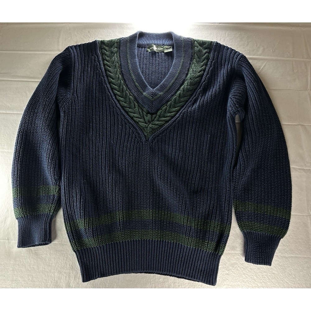 VTG 1990s Hunt Club V-Neck Cable Knit Sweater Mens Medium Navy Chunky Knit Crew
